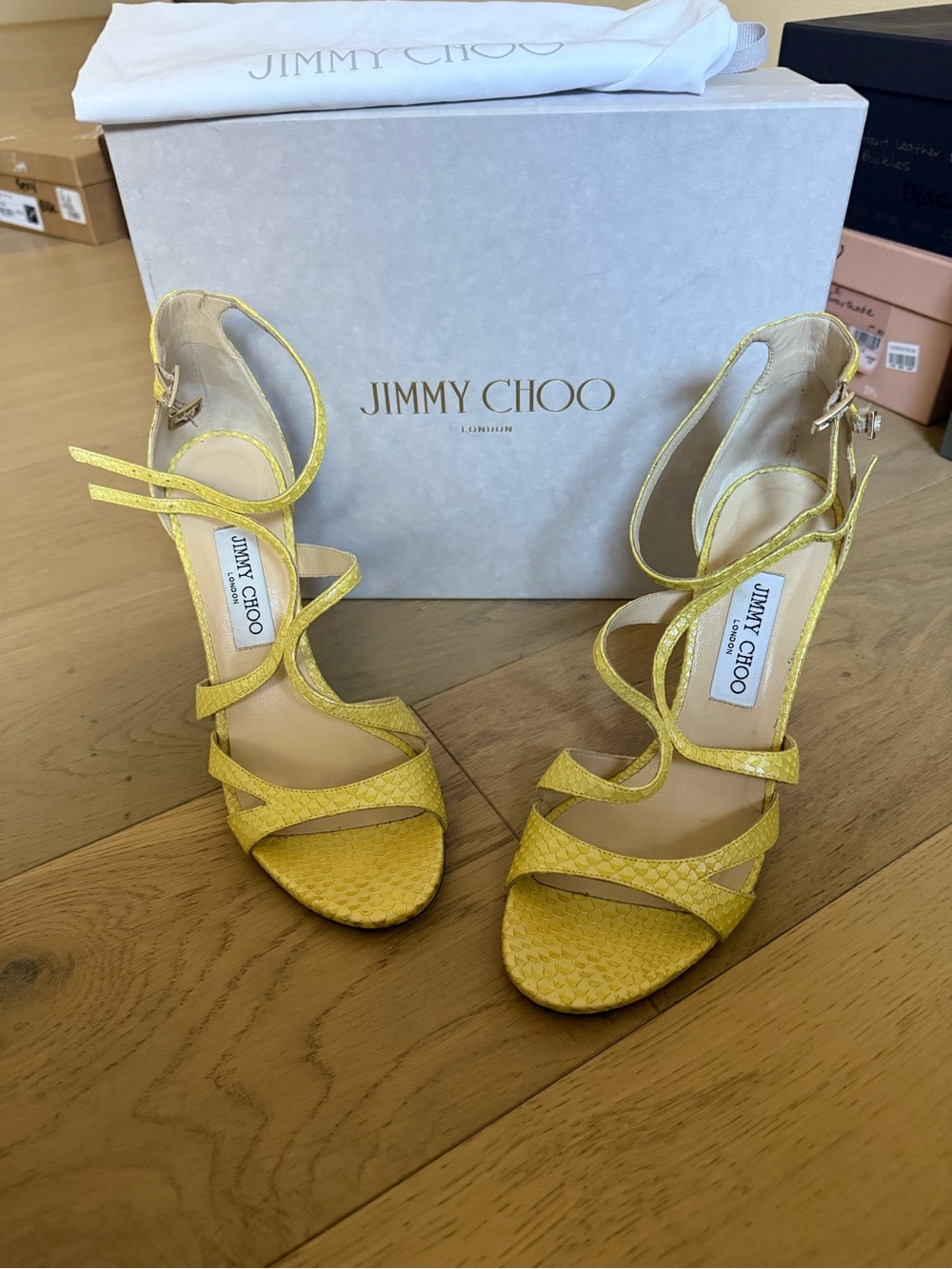 Jimmy Choo Yellow Strappy Snake-Embossed High Heel Sandals